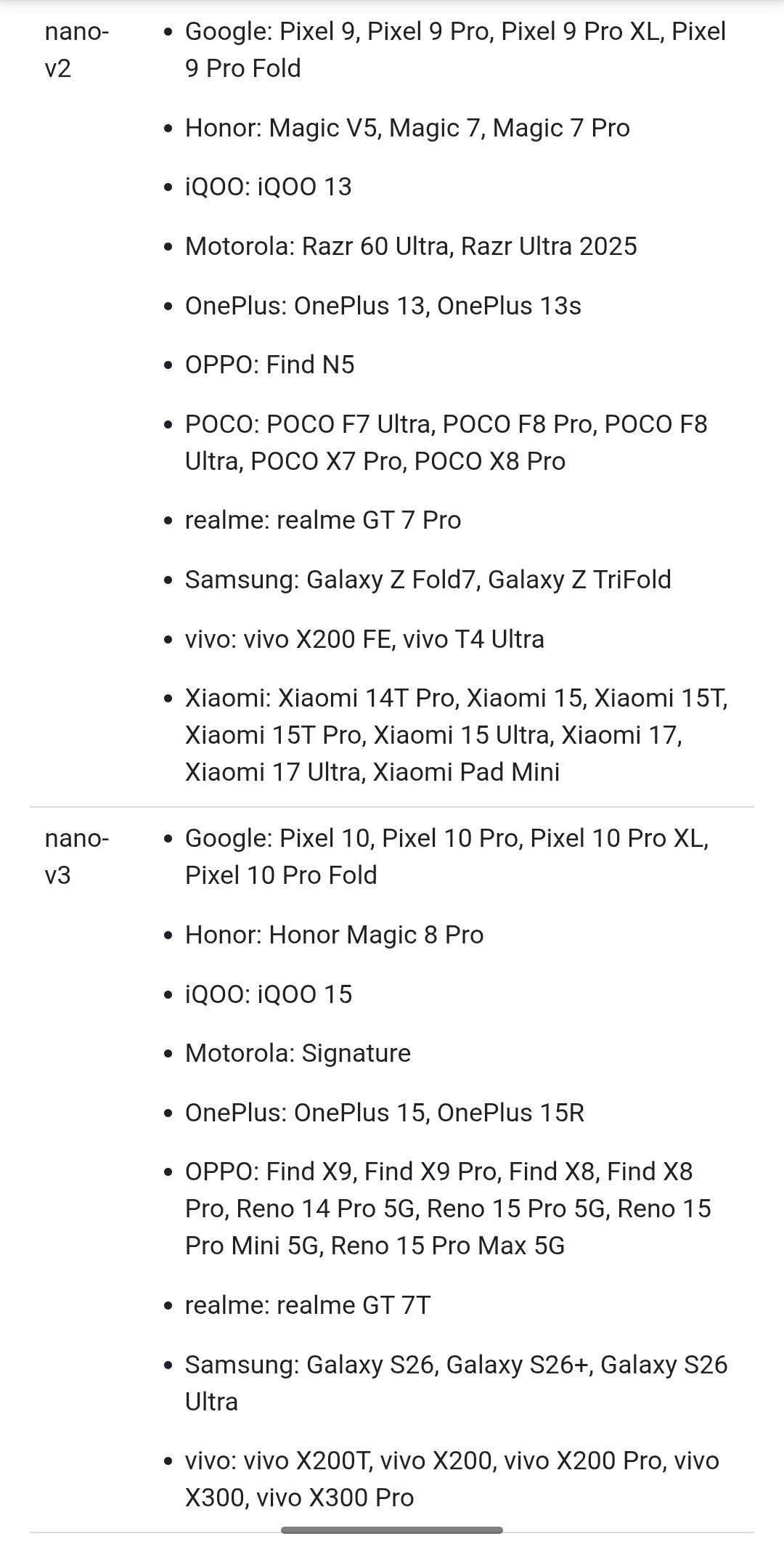 Nano v3 supported devices