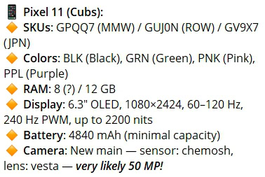Pixel 11 Leaked specs from Mystic Leaks