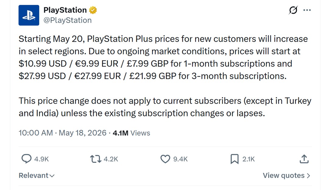 PlayStation Plus Price Increase X Post
