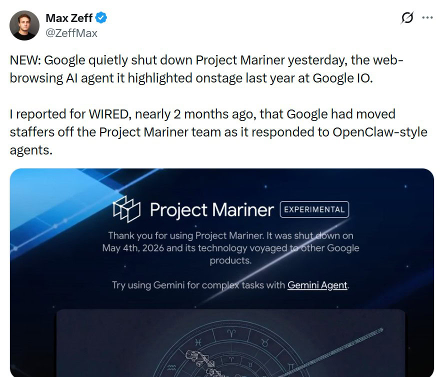 Project Mariner shutdown post on X