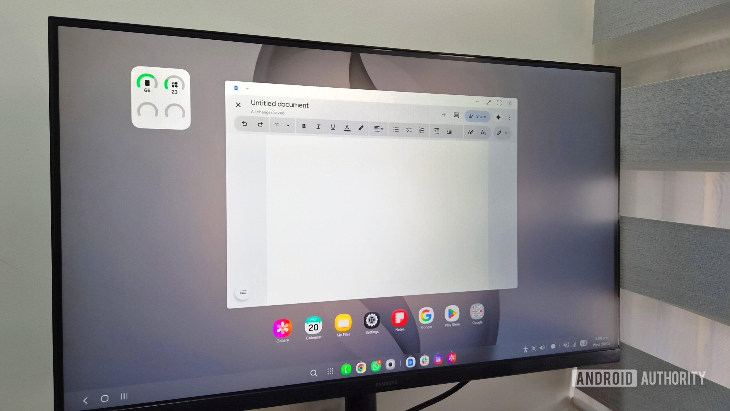 Samsung DeX on a monitor showing Google Docs window