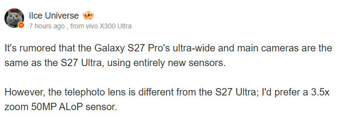 Samsung Galaxy S27 Pro camera leak Ice Universe