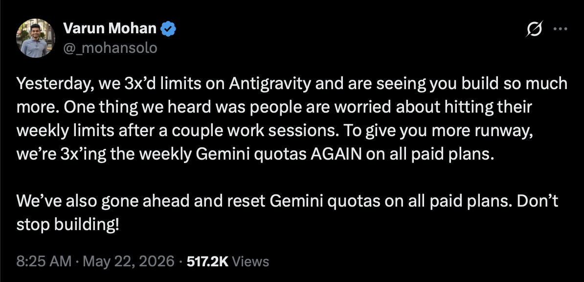 Varun Mohan posted on X about Antigravity