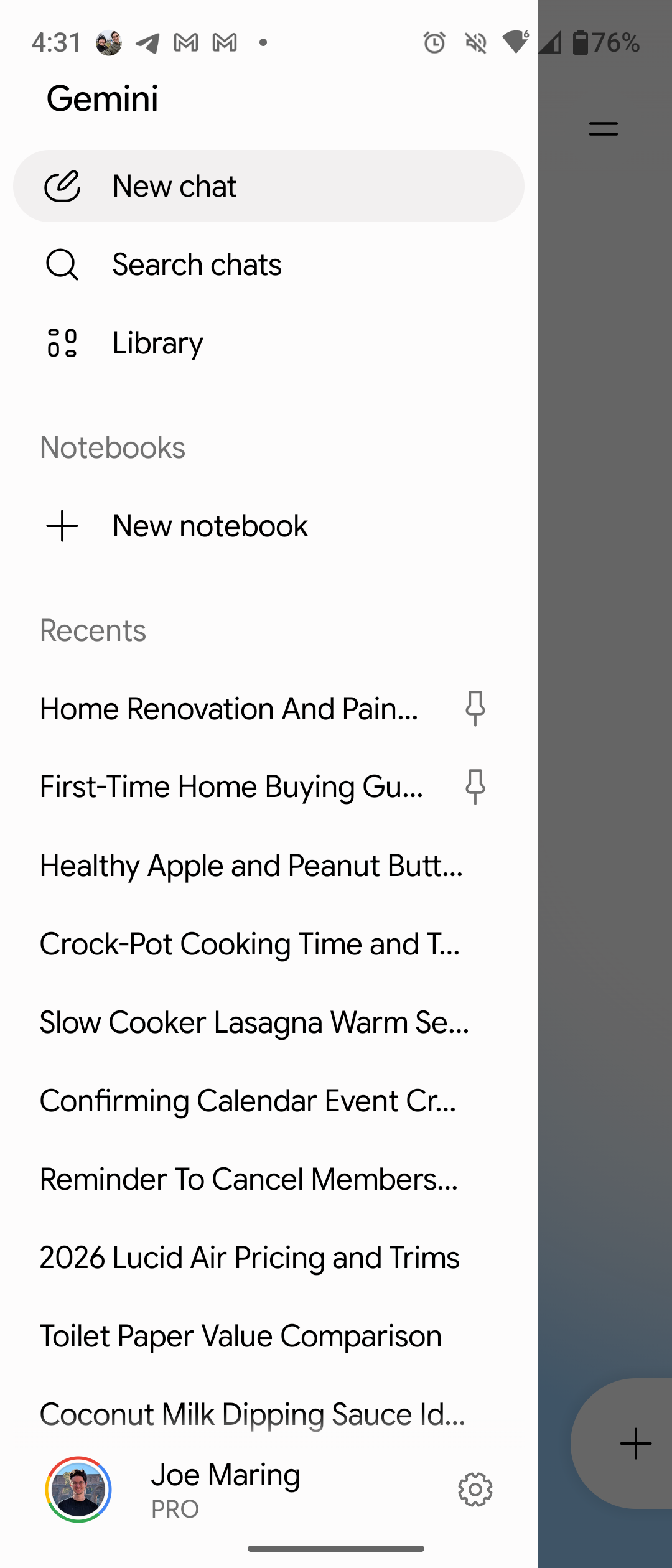 The sidebar in the new Android Gemini app redesign.