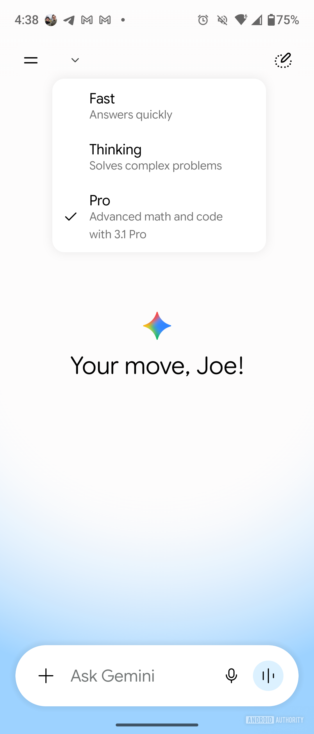 The model picker in the Gemini for Android app redesign.