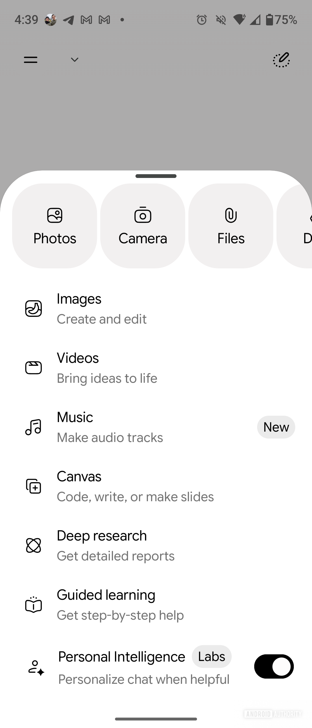 The tool and attachment picker in the Gemini app redesign.