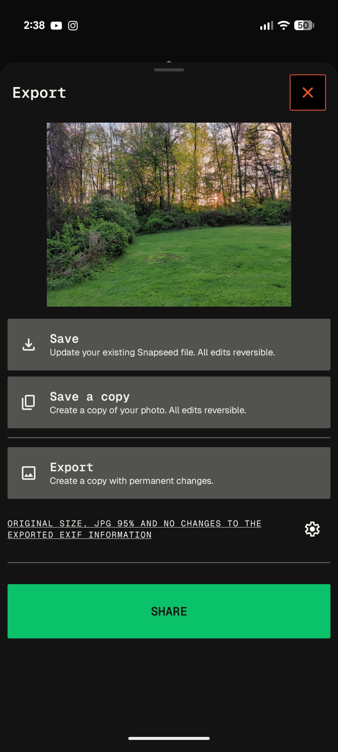 Snapseed export options