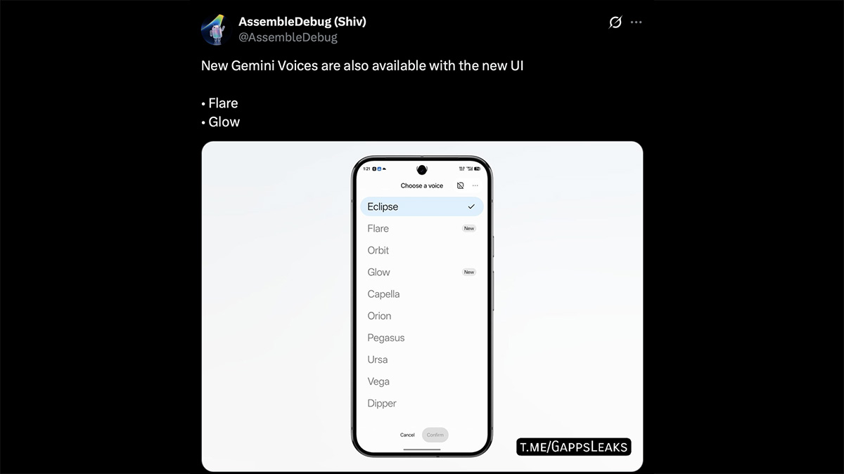 X post by AssembleDebug about the two new Gemini voices rolling out now.