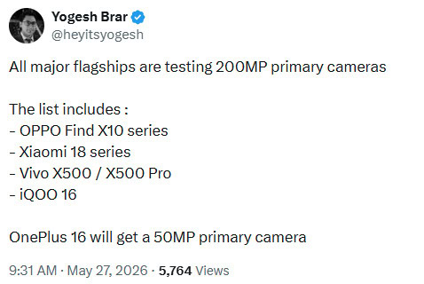 Yogesh Brar OnePlus 16 main camera