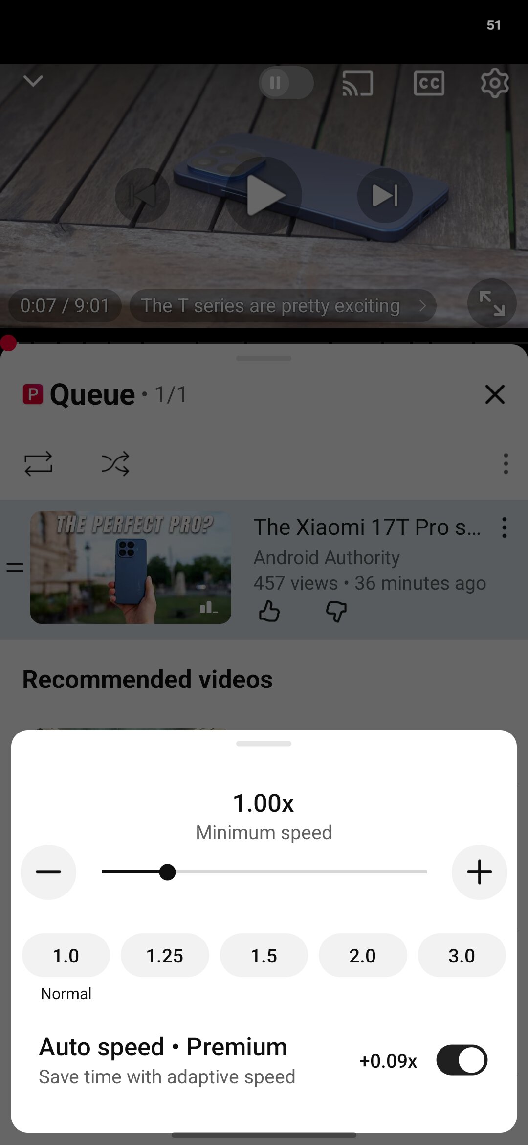YouTube Premium auto speed feature