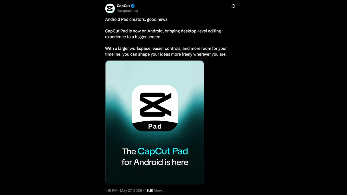 capcut official tweet announcing capcut pad app on android
