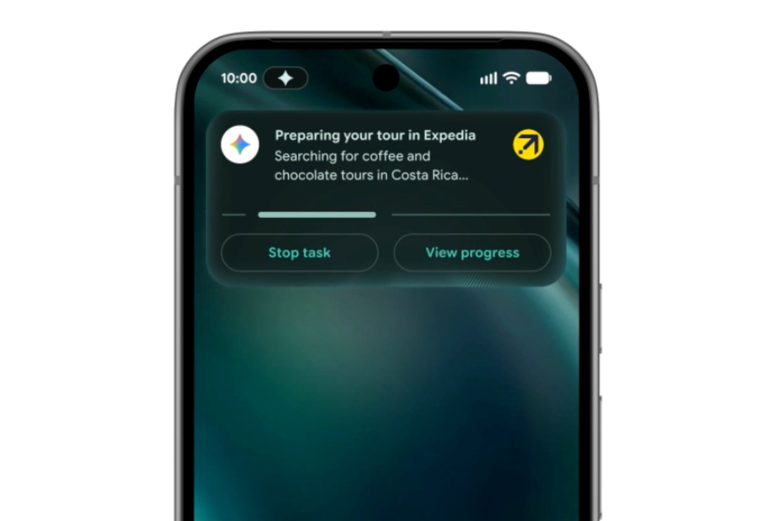 Gemini Intelligence booking a tour on the Expedia app.