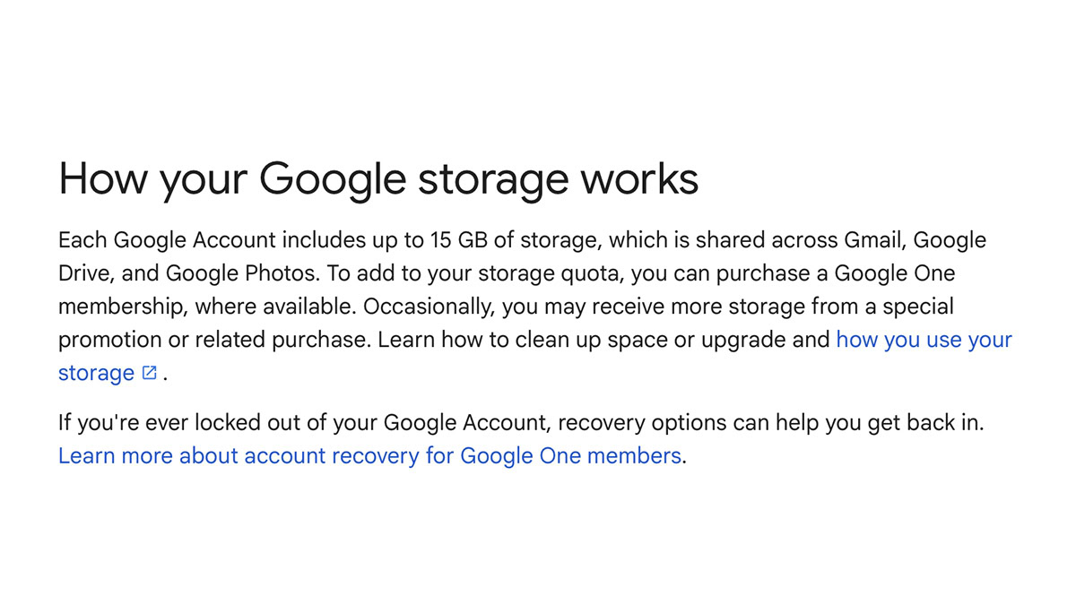 Google's support page stating that accounts get up to 15GB of storage.