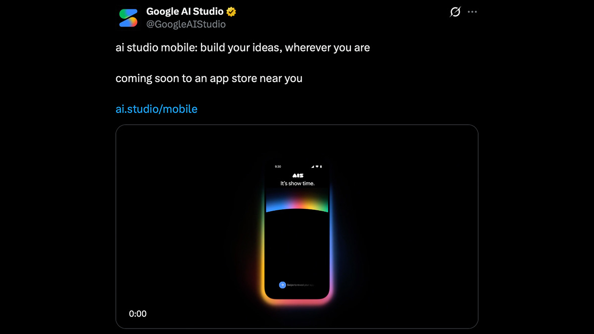 google ai studio x post about mobile app google ai studio x post announcing that a mobile app is coming soon.