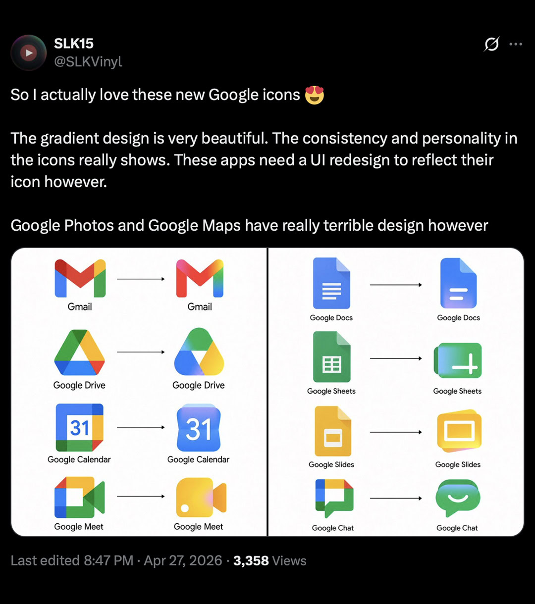 tweet in support of the new gradient Google icons that are rolling out