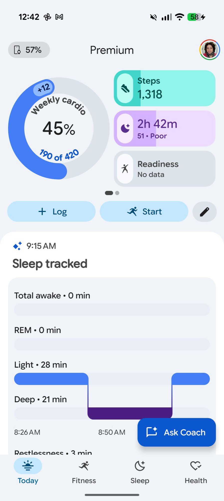 google health screenshot today tab ai coach sleep