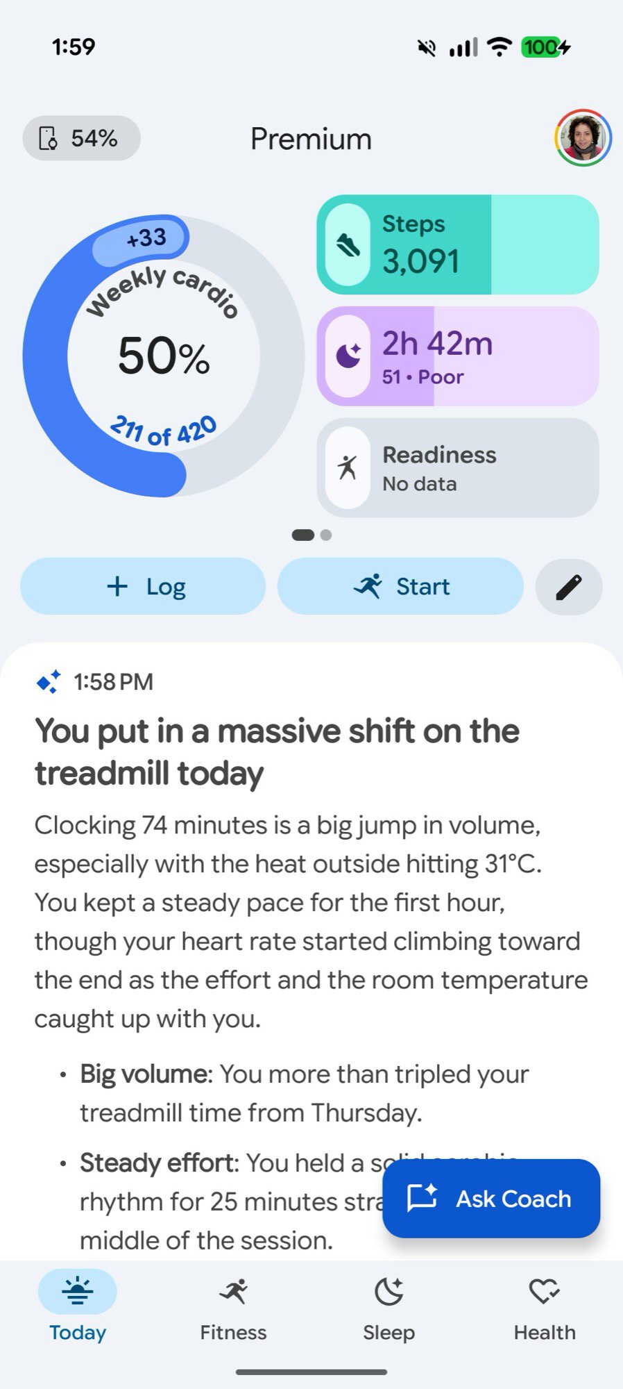 google health screenshot today tab ai coach text 1