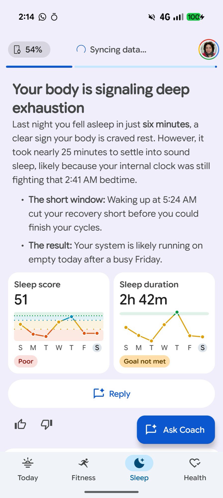 google health screenshot today tab sleep tab