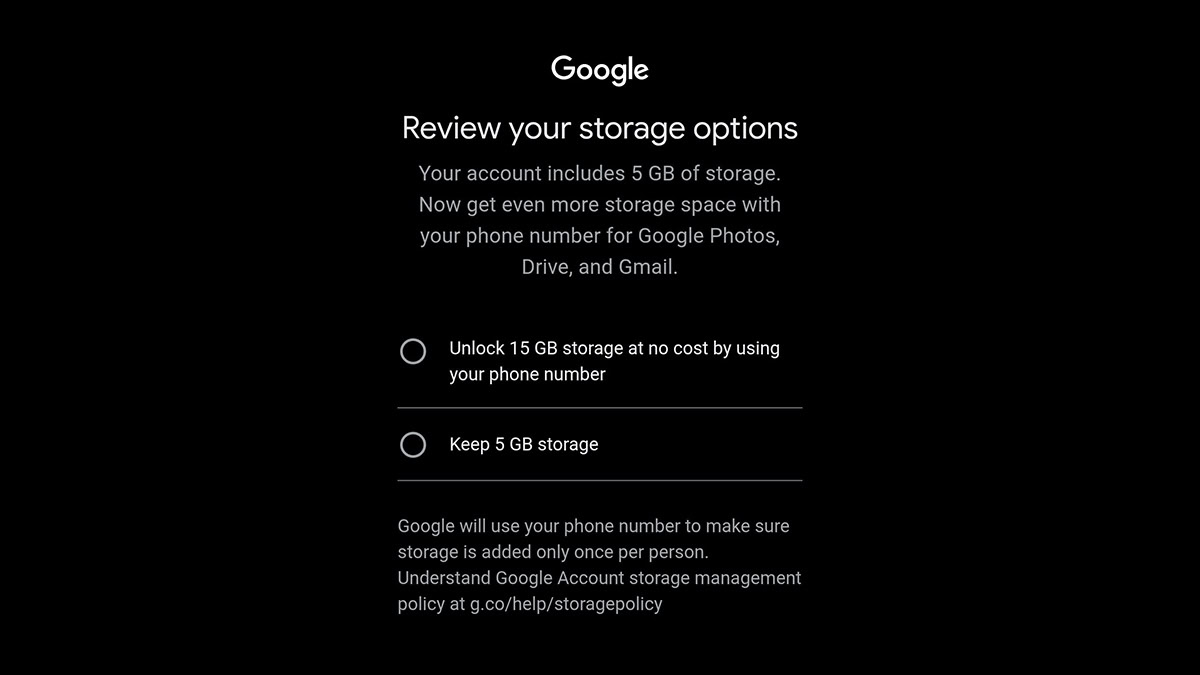 Google's review your storage options message offering the user the chance to unlock 15GB free storage by adding their phone number to their Gmail account