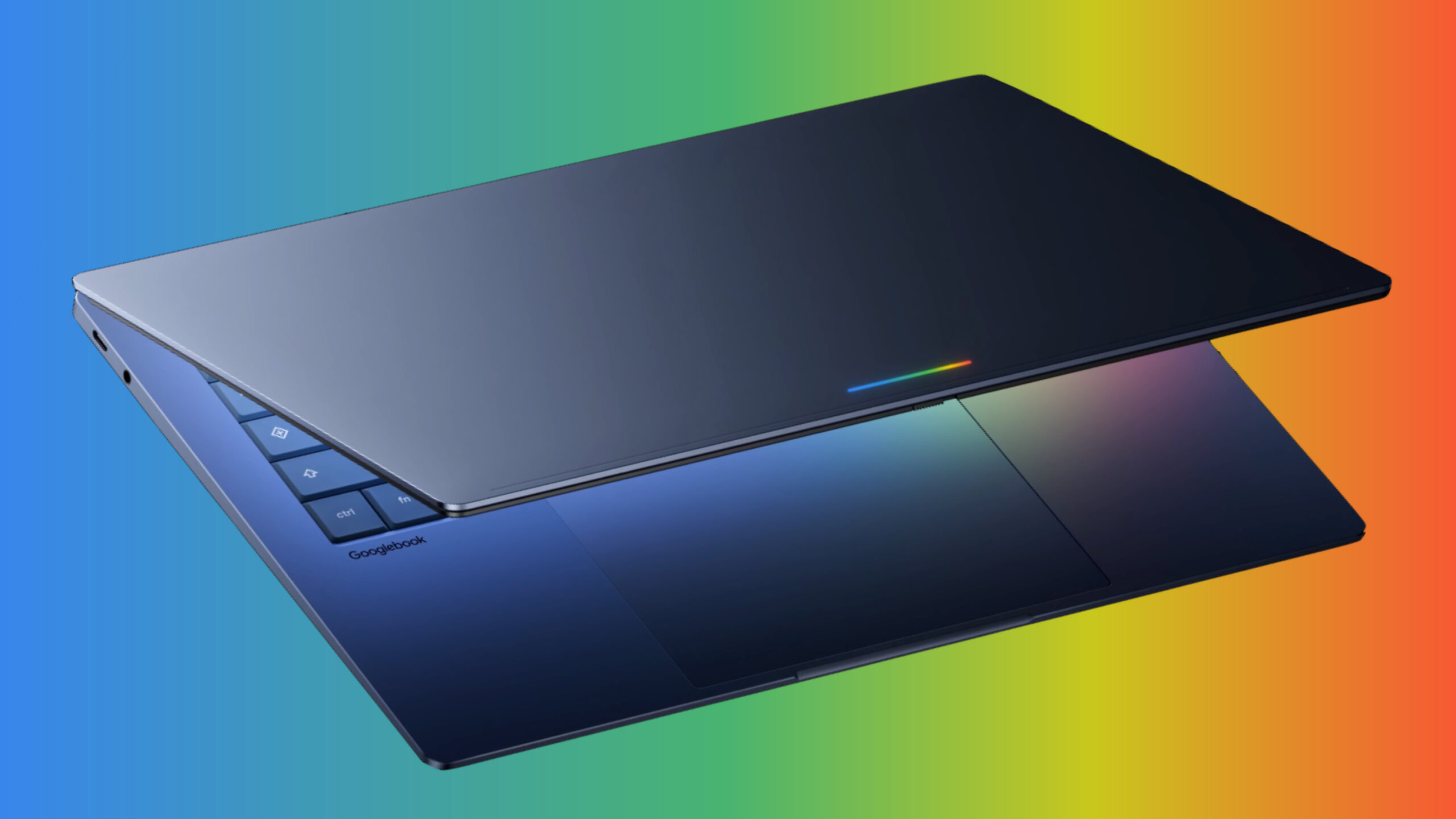 googlebook render google colors hero Render of the Googlebook against a blue, green, yellow, and red background.