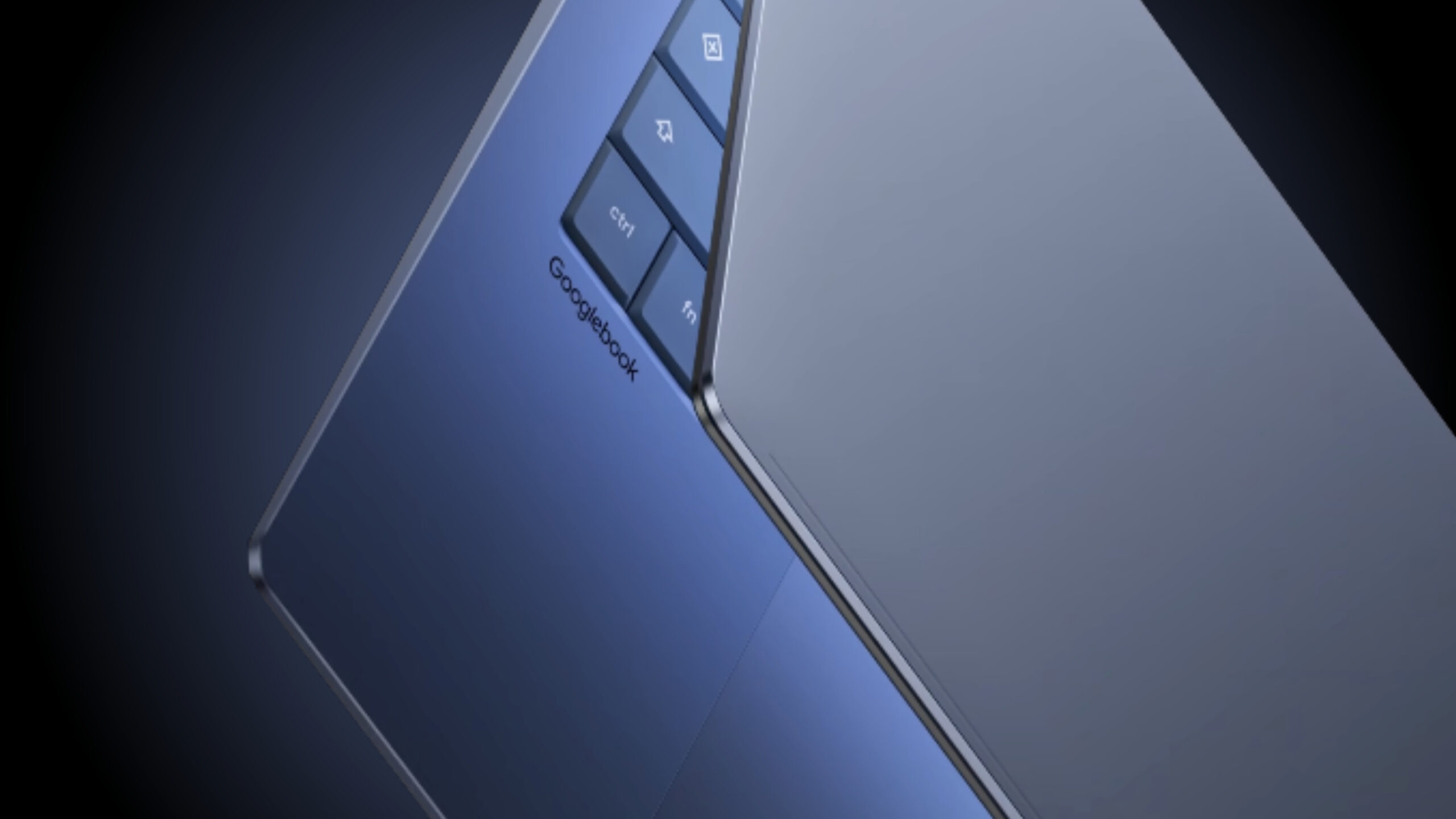 googlebook render logo dark background Render of the Googlebook against a blue and black background.