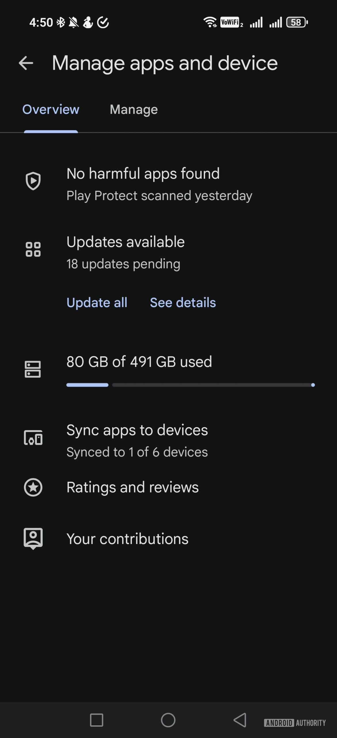 manage apps and device menu in google play