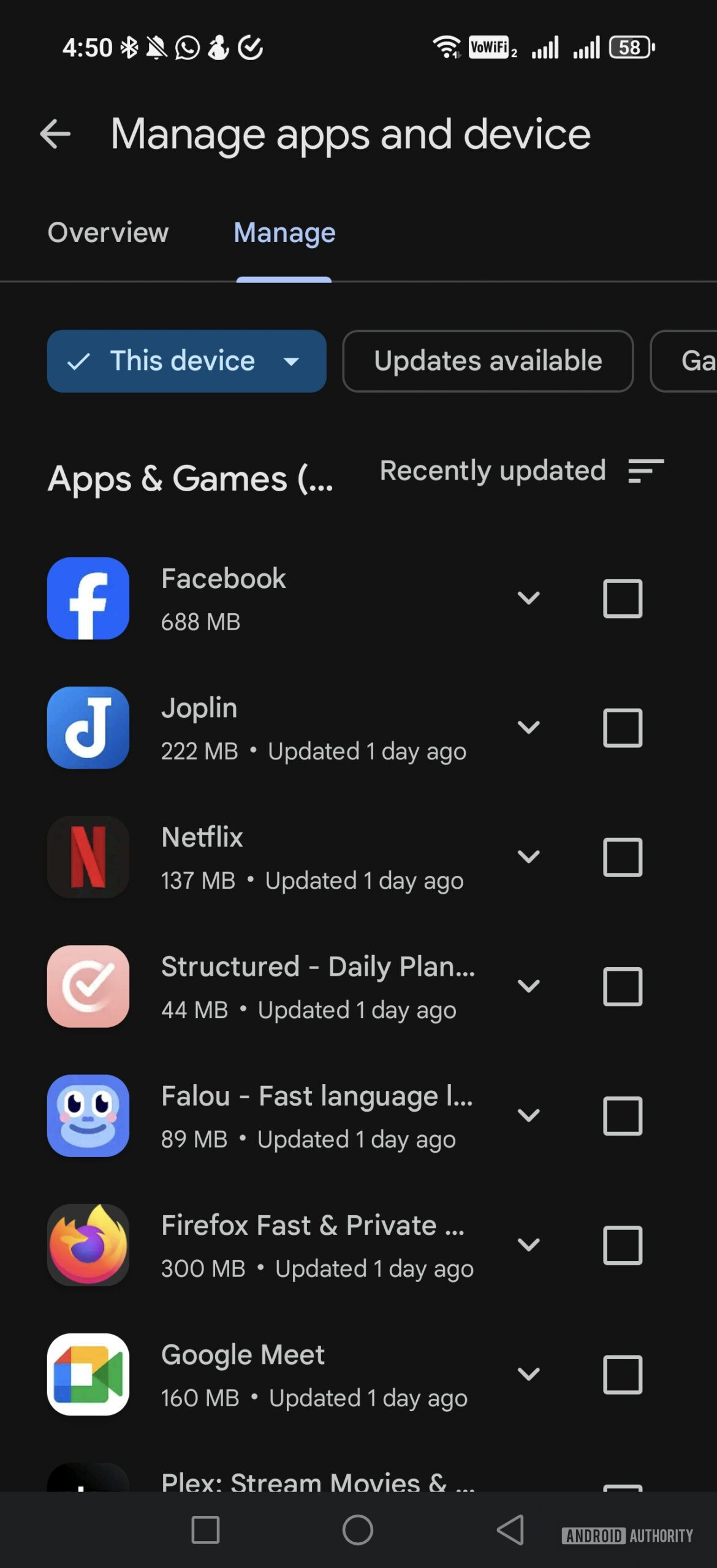 managing apps on device menu