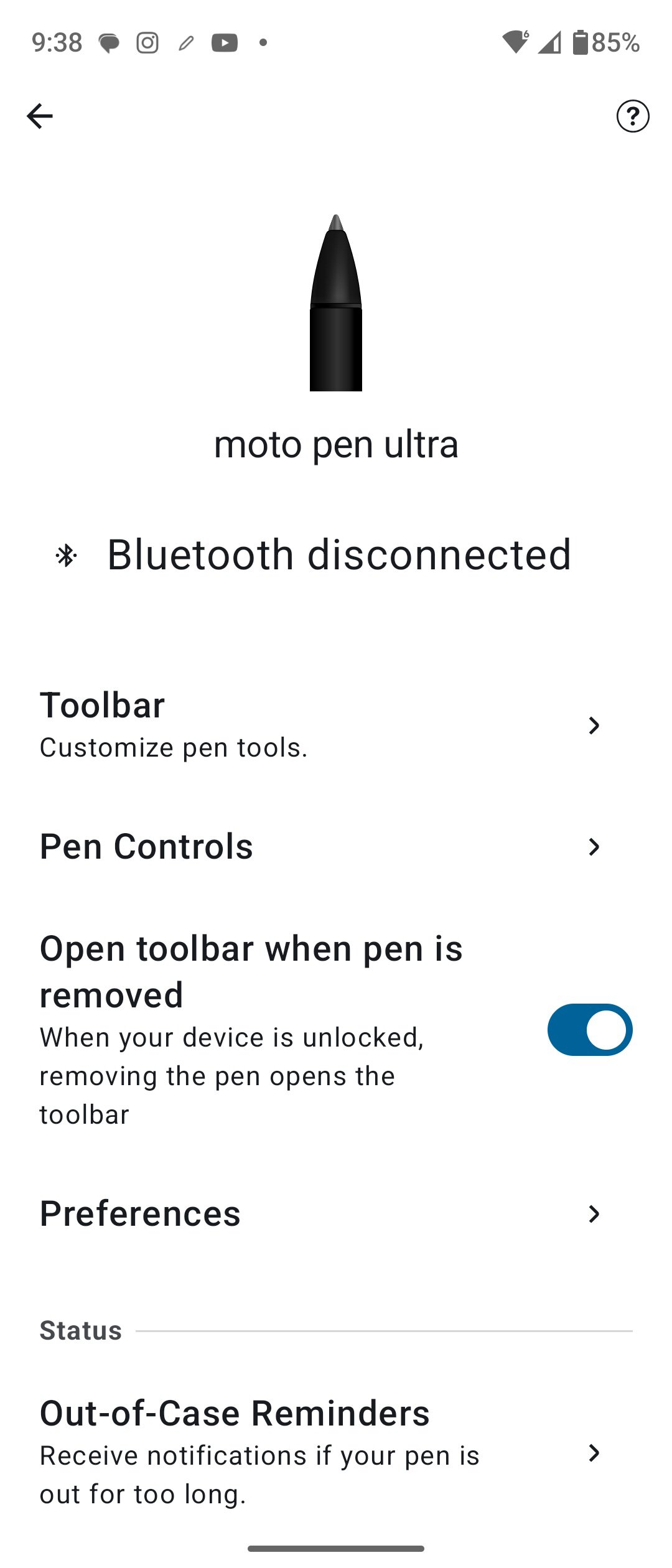 Settings page for the Moto Pen Ultra.