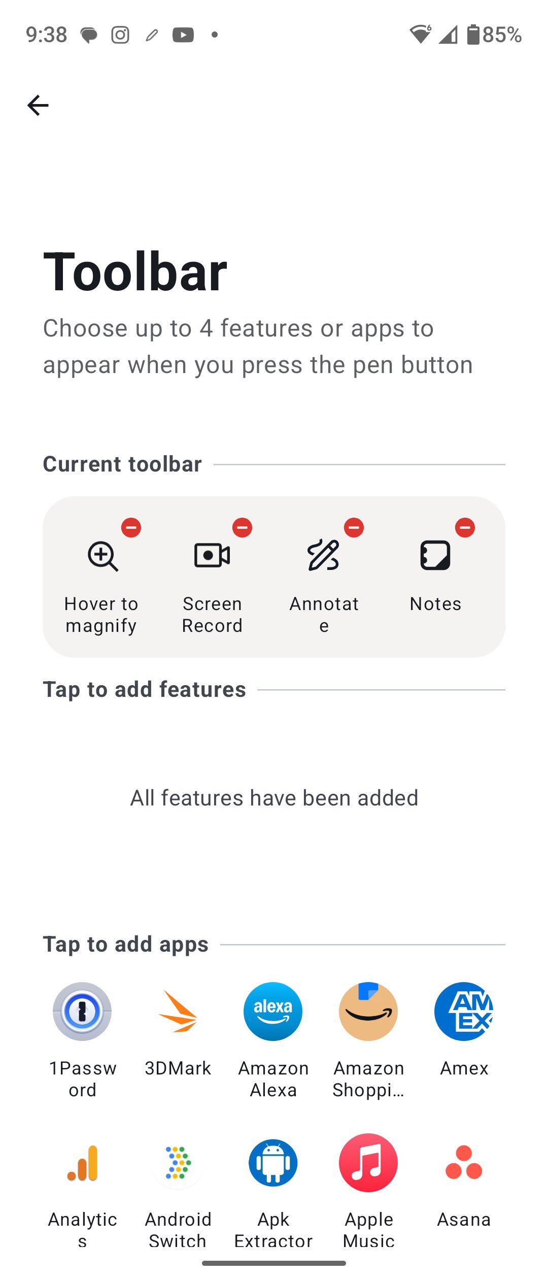 Settings page for the Moto Pen Ultra.