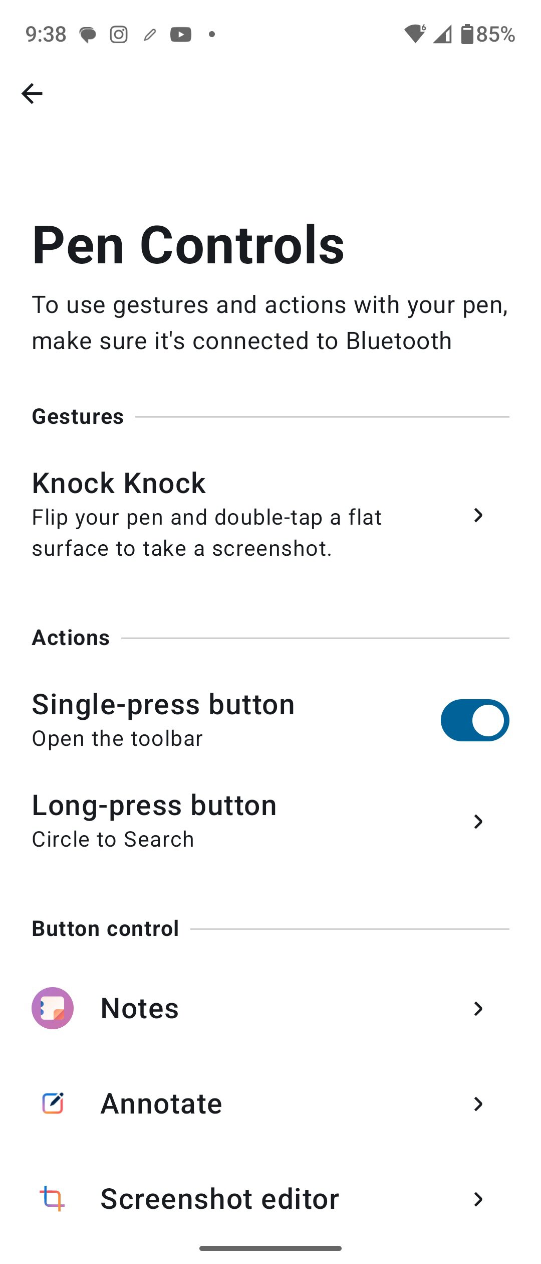 Settings page for the Moto Pen Ultra.