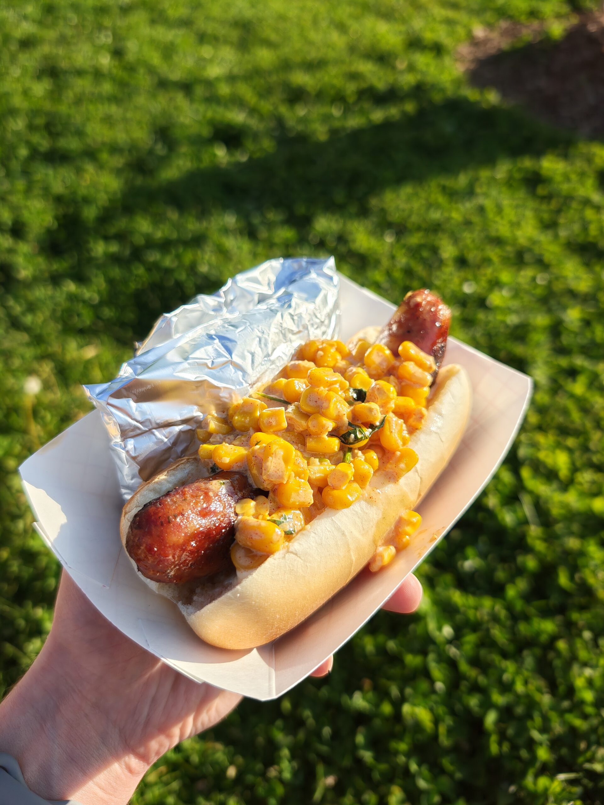 Phot of a hot dog with street corn, taken with the Motorola Razr Fold.