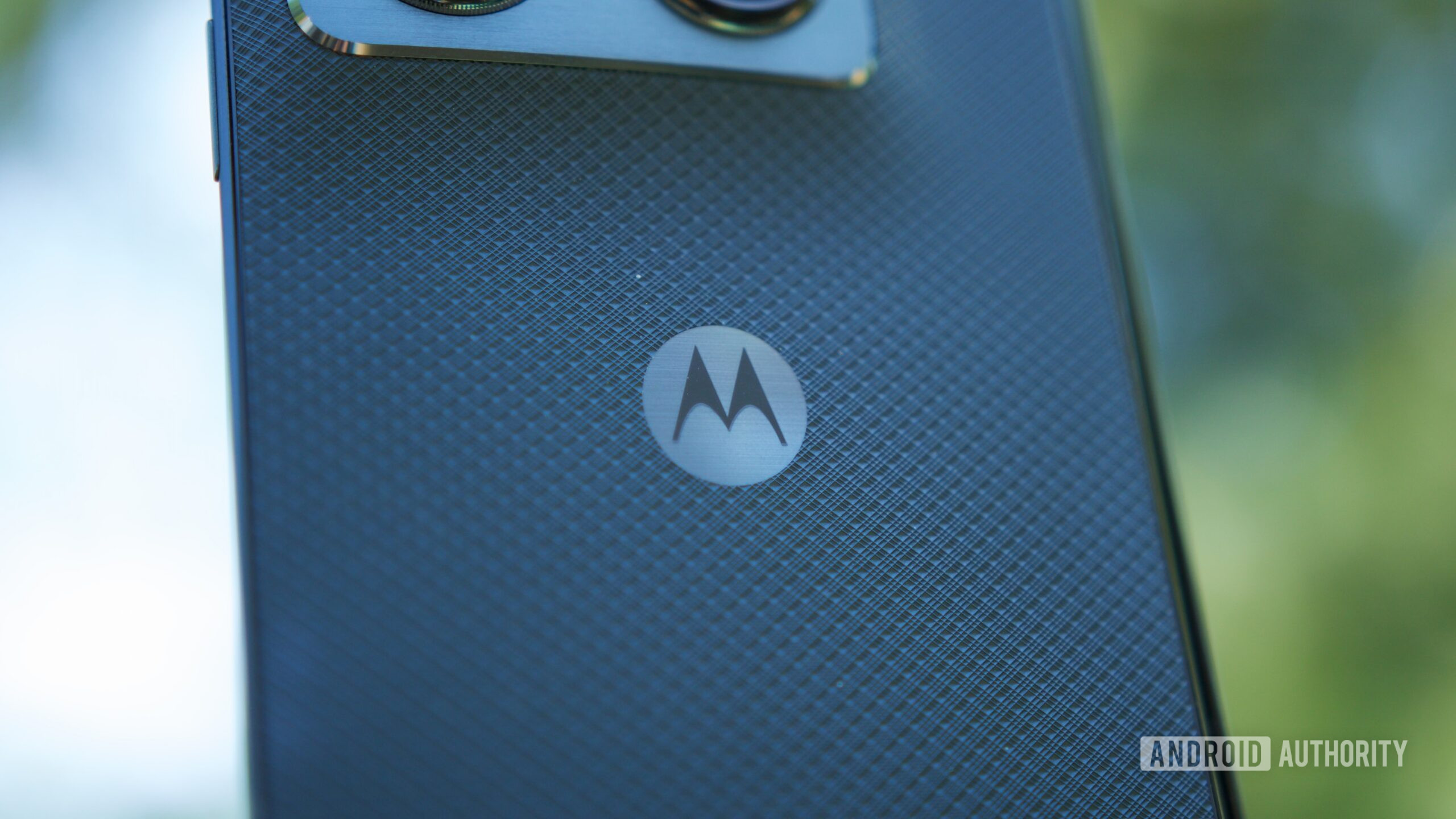 motorola razr fold review motorola logo Motorola logo on the back of the Motorola Razr Fold.