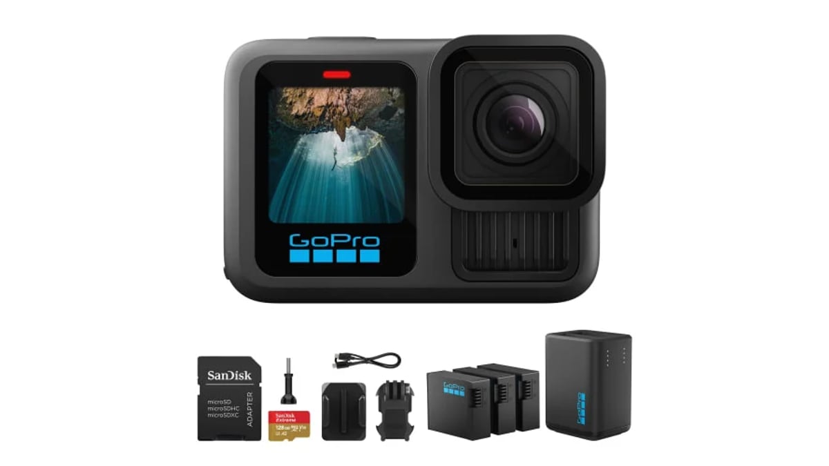 GoPro HERO13 Black Action Camera with Front & Rear LCD Screen | Waterproof, Bluetooth Enabled Camera w/GoPro Dual-Battery Charger, 2 Enduro Batteries & 128GB Extreme UHS-I Memory Card - Bundle Set
