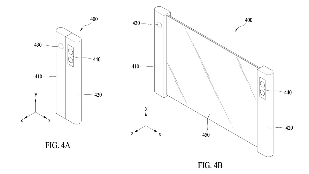 samsung rollable phone patent filing image 2 Patent filing figures showing the idea of a phone with a rolling display that rolls out when pulled and is completely out of view when in compact form.