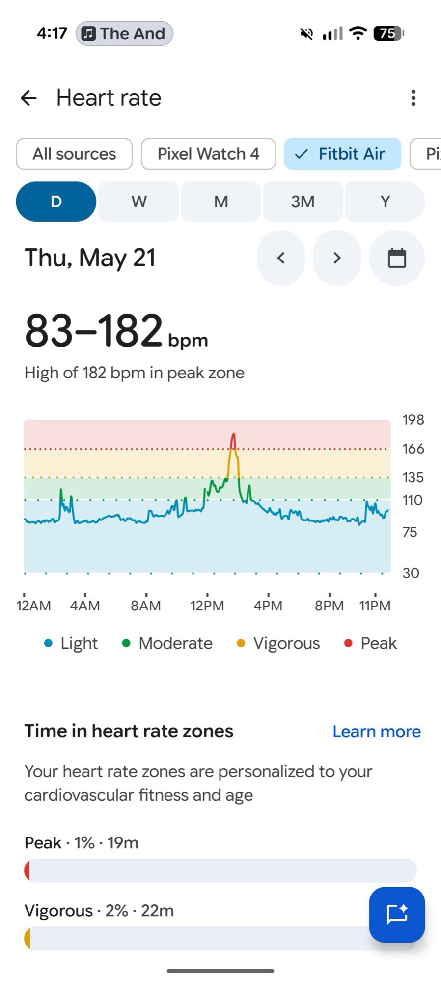 screenshot google health app heart rate exercise fitbit air 1