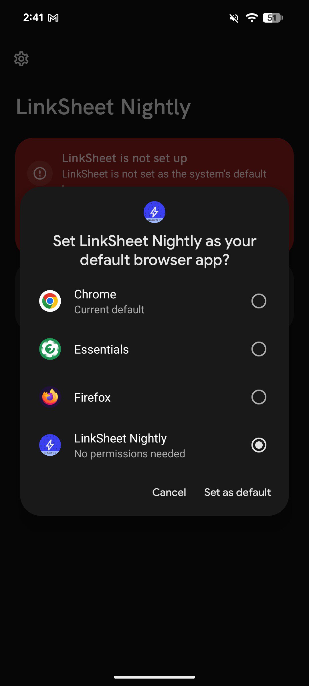 Screenshot showing how to set LinkSheet as default browser.