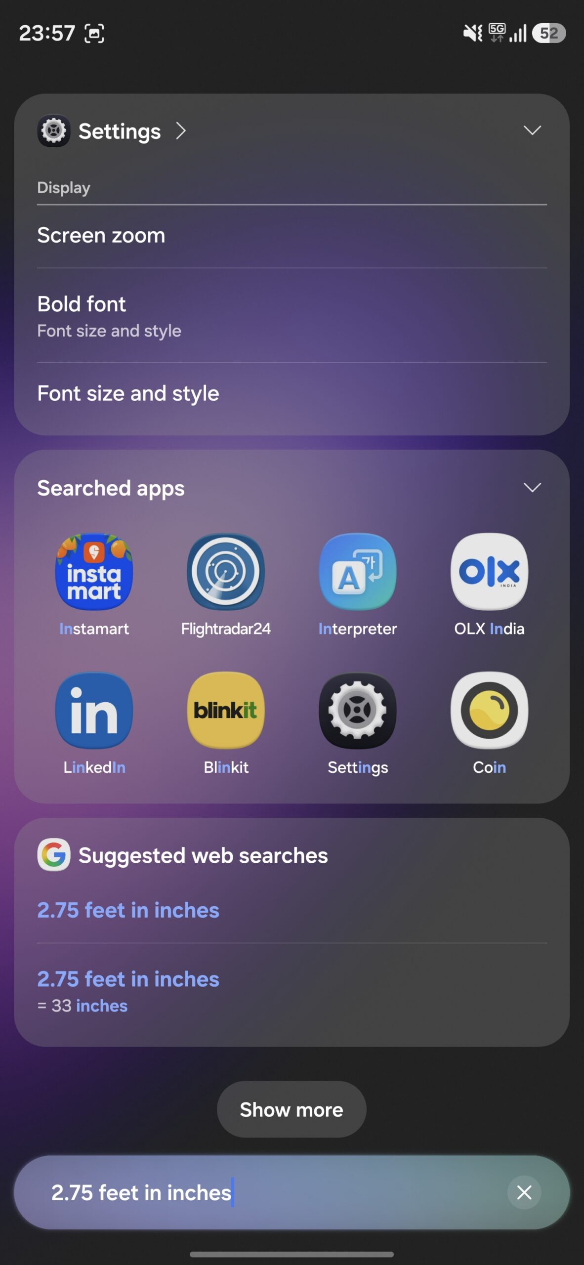Converting a unit in Finder on a Galaxy phone.