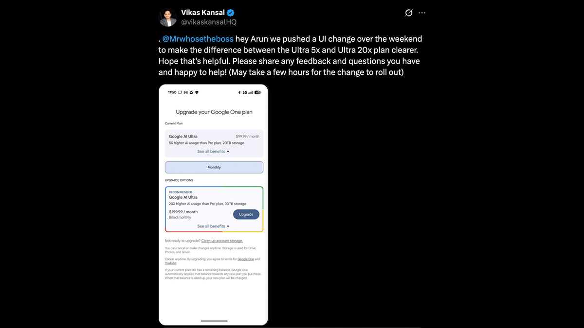 vikas kansal x post google one clearer AI Ultra differences