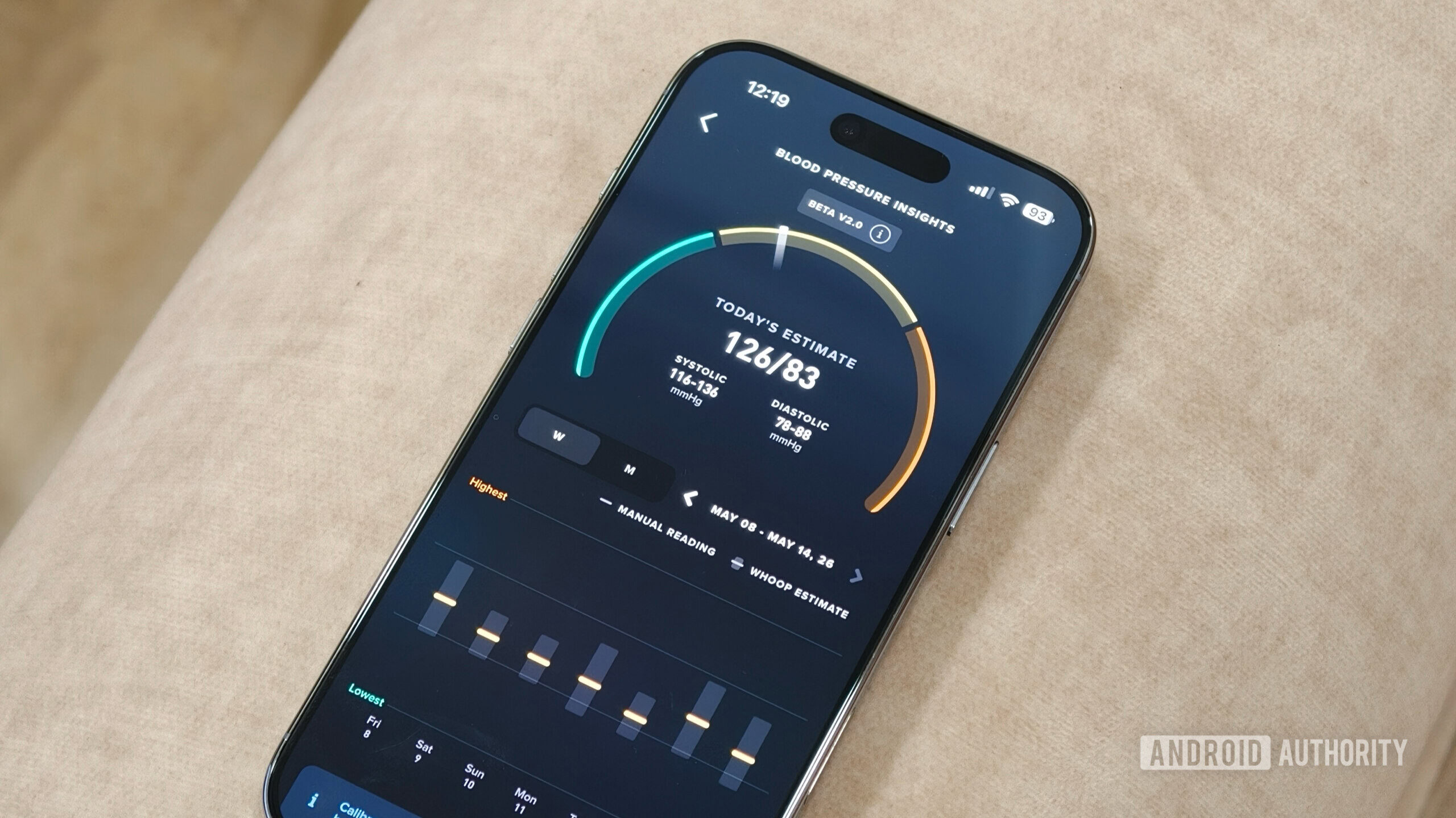WHOOP app showing blood pressure stats.