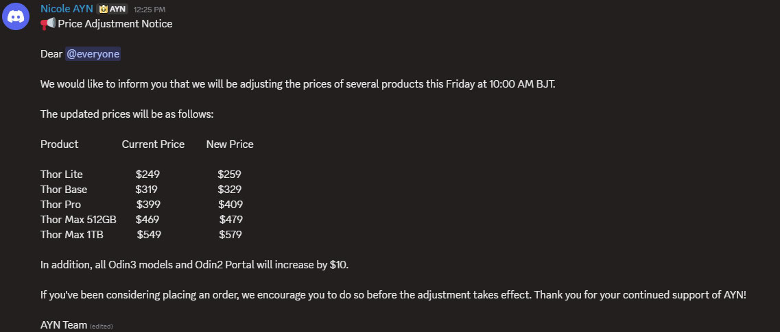 A Discord message confirming price hikes for the Thor handhelds, as well as the Odin 2 Portal, and Odin 3 series. 