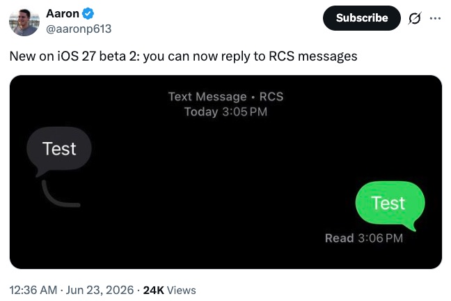 Aaron Perris on iOS 27 beta 2 in line replies for RCS Aaron Perris on iOS 27 beta 2 in line replies for RCS