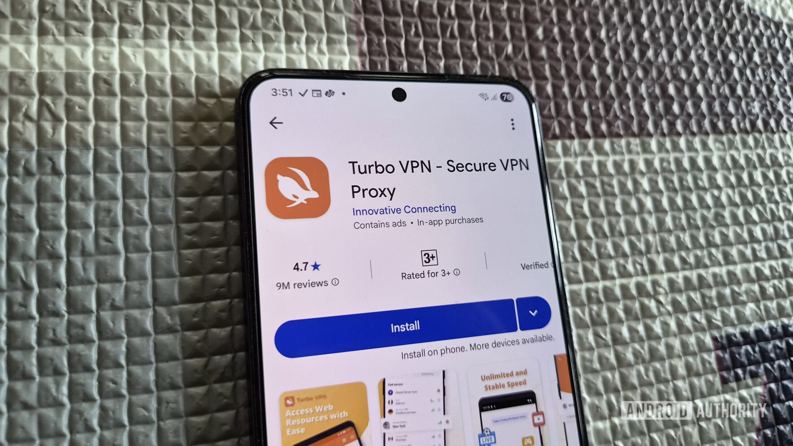 Android phone showing Turbo VPN app on Play Store Android phone showing Turbo VPN app on Play Store