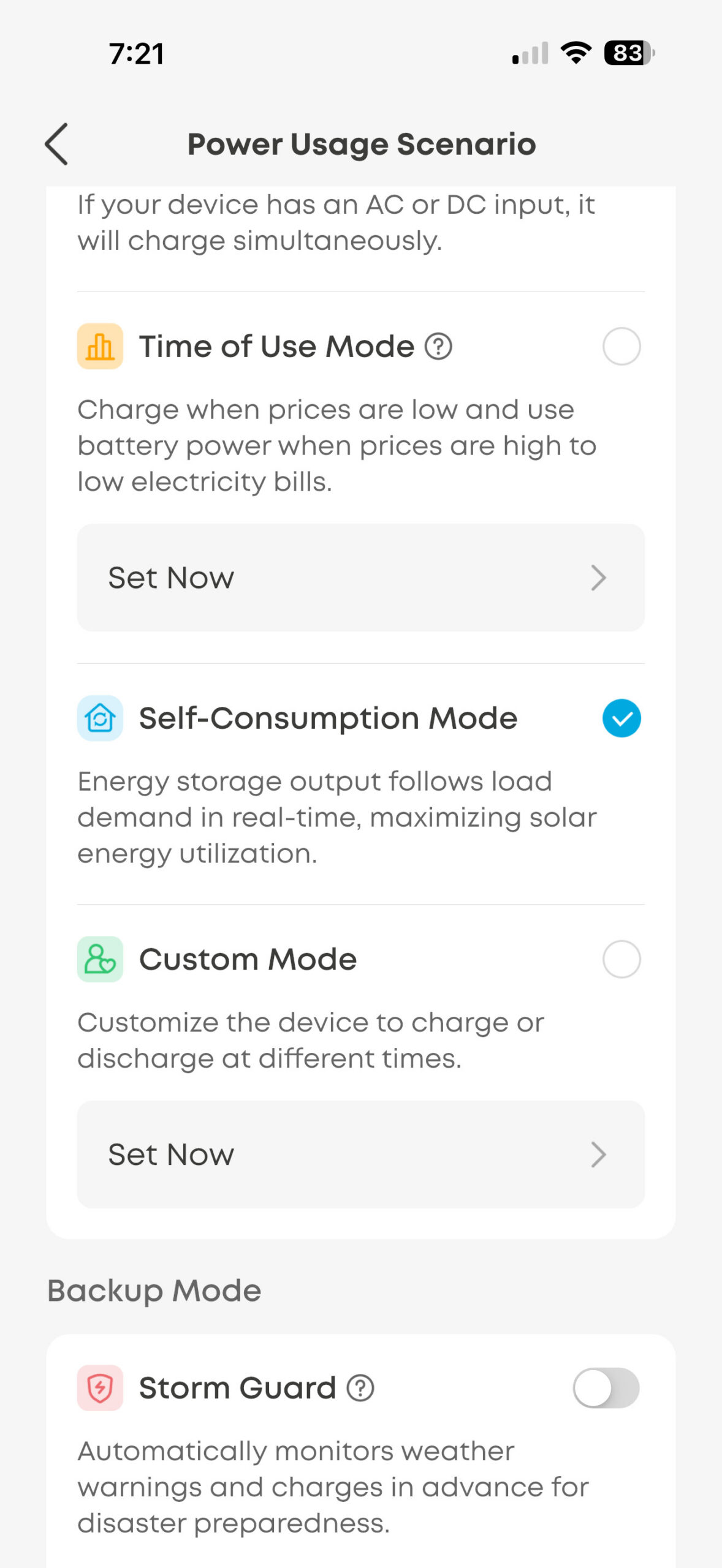 Anker SOLIX S2000 screenshot Self Consumption Mode