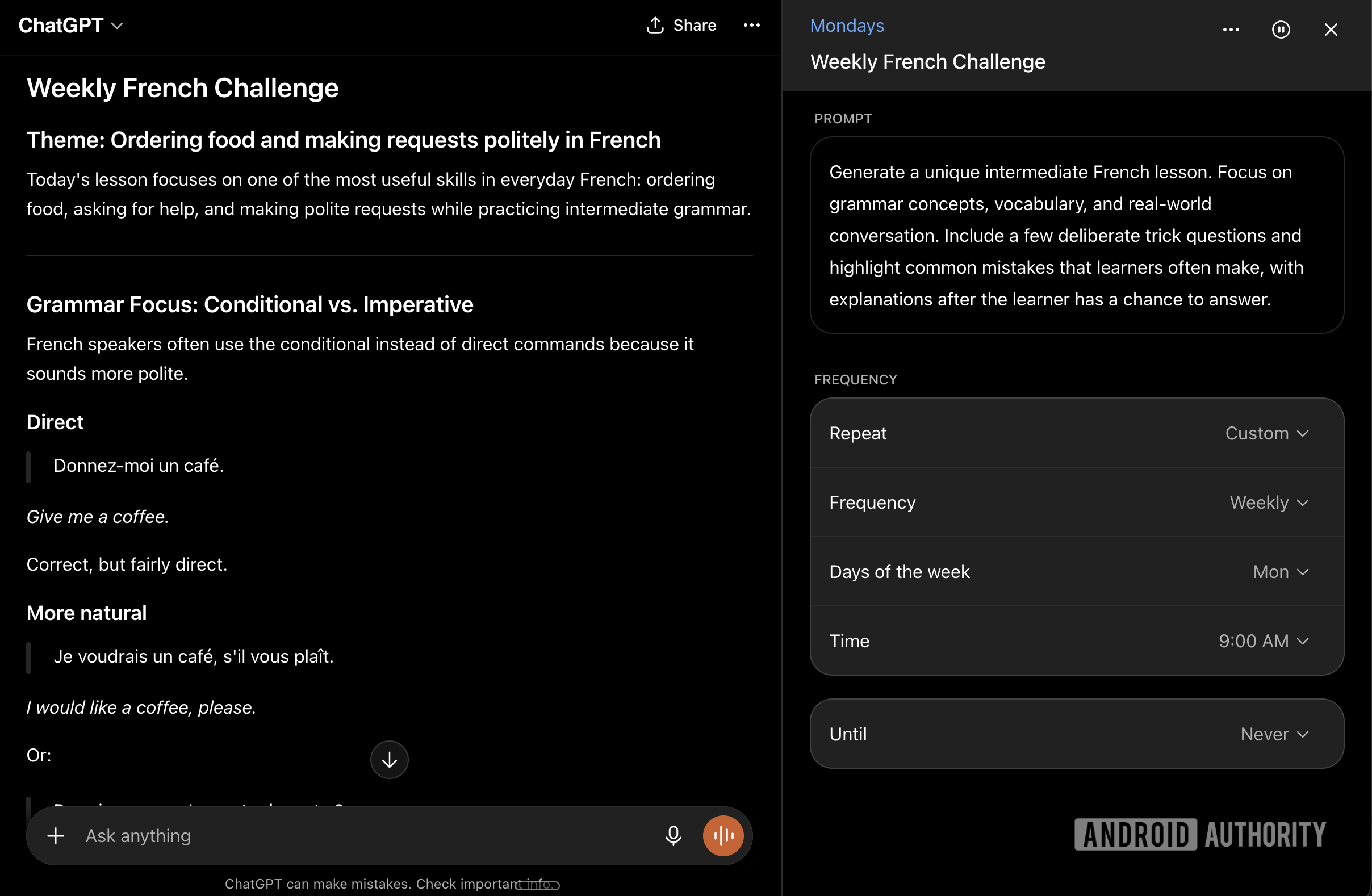 ChatGPT scheduled tasks french lessons