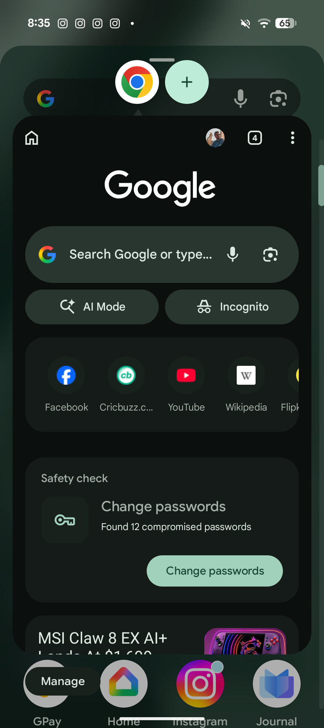 Chrome app bubble on Google Pixel 10a