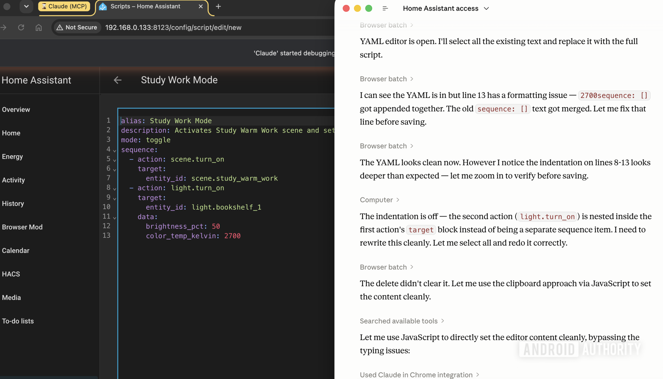 Claude editing Home Assistant via Chrome MCP