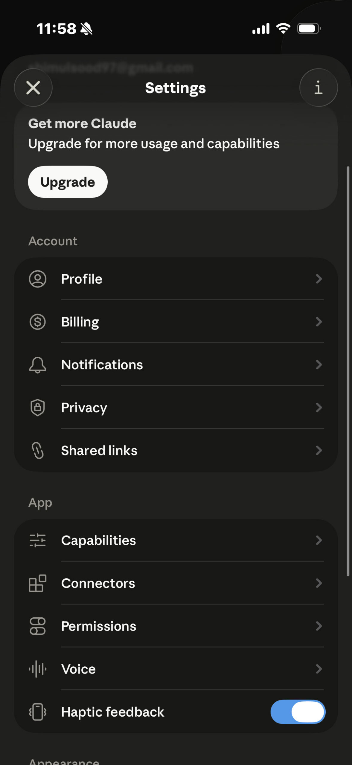 Claude settings on iPhone