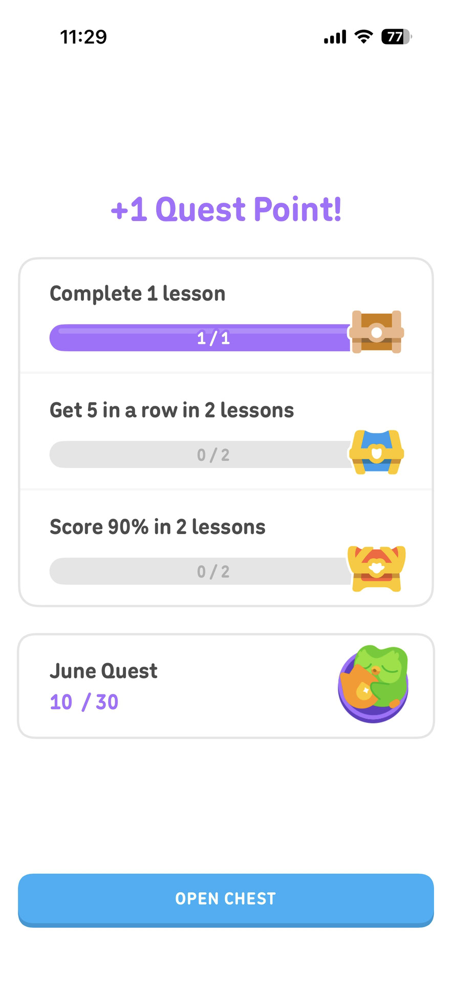 Duolingo - Treasure chest dropping an XP boost (1) Duolingo - Treasure chest dropping an XP boost (1)