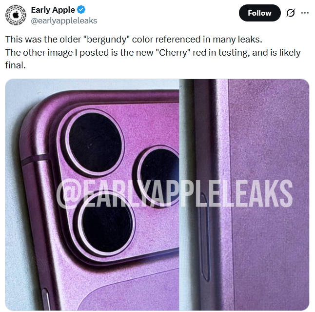 EarlyAppleLeaks showing Bergundy iPhone 18 Pro