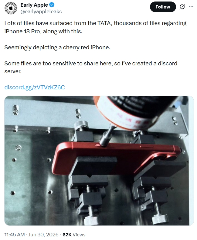 EarlyAppleLeaks showing Cherry Red iPhone 18 Pro